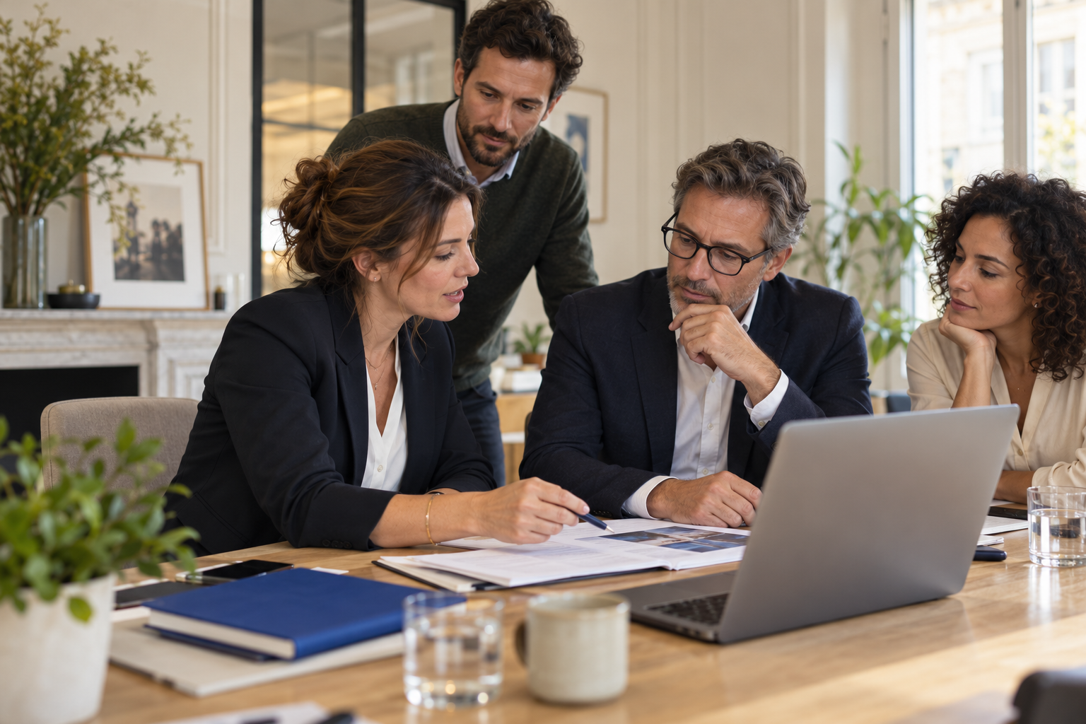 Des professionnels travaillent ensemble autour de documents et d’un ordinateur