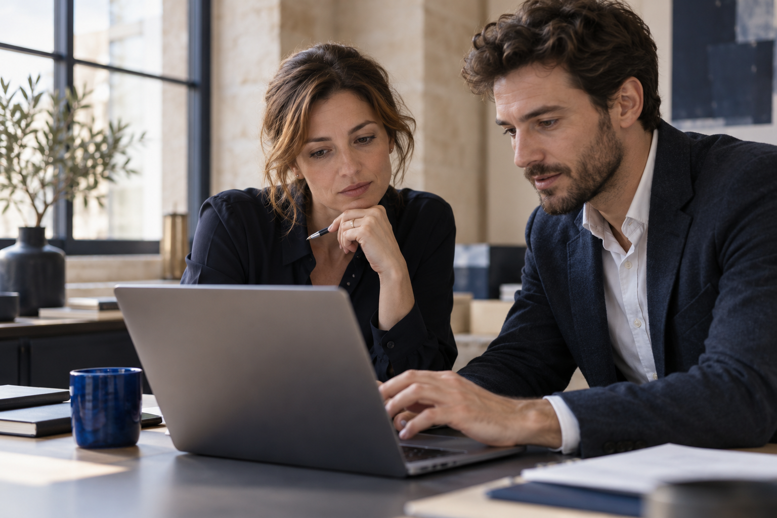 Des professionnels travaillent ensemble autour de documents et d’un ordinateur